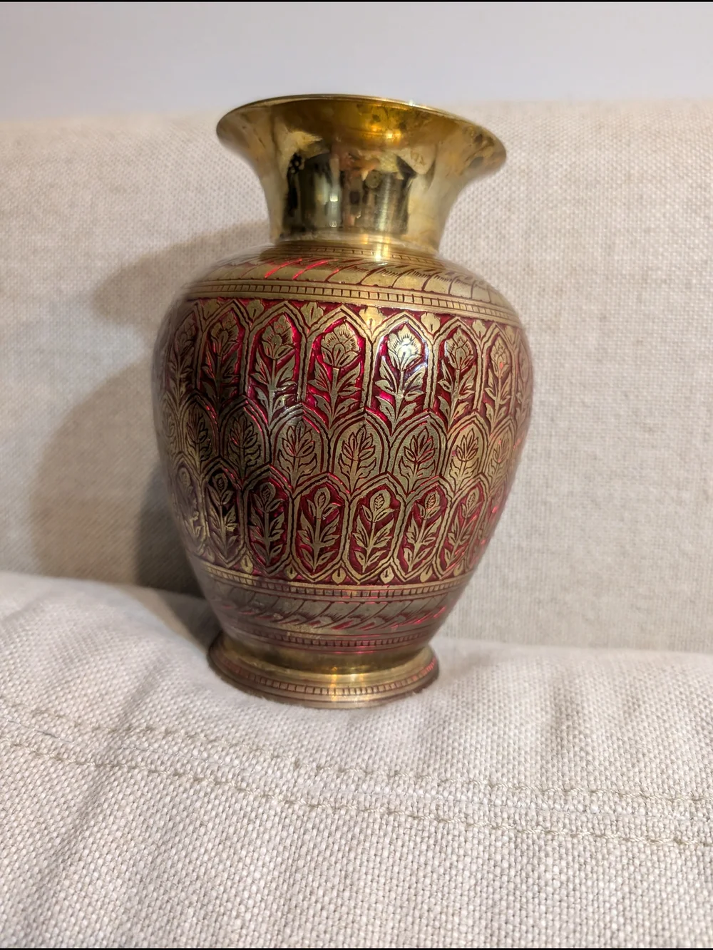 Brass Decorative Vase with Red Patina Accent Vintage Indian Home Accents